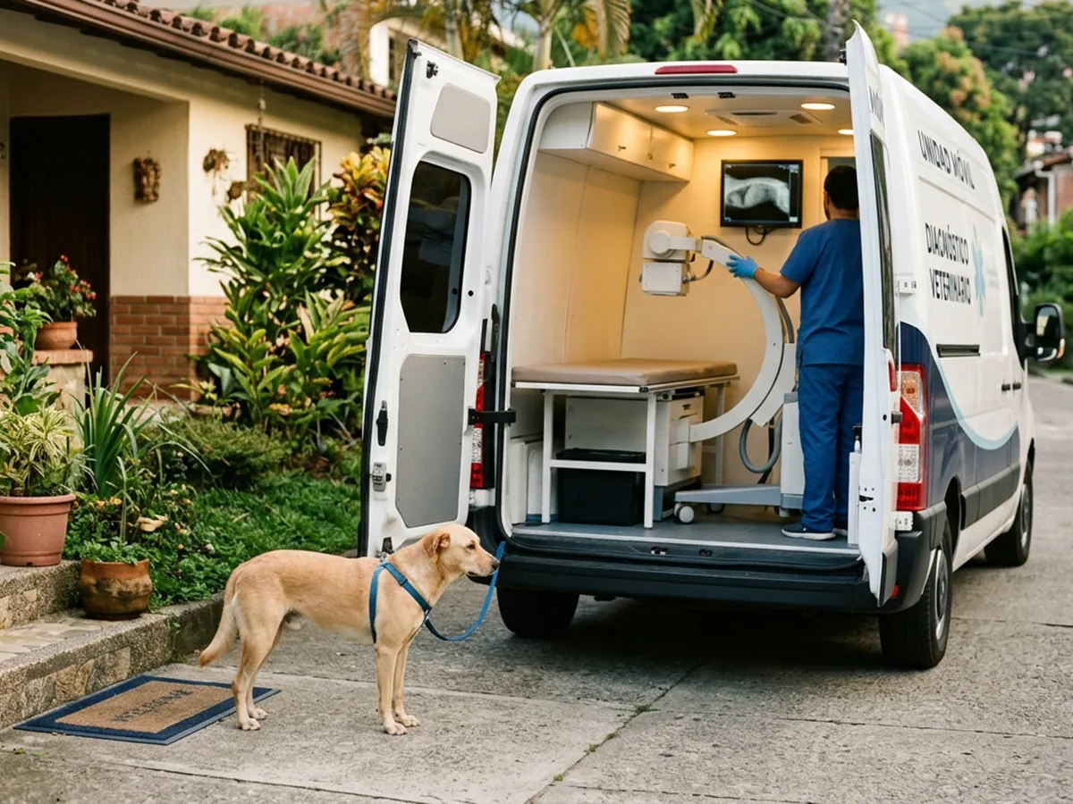 Una unidad móvil aliada de imagenología veterinaria llega a una casa; un perro espera tranquilo junto a la van equipada con rayos X y ecografía.